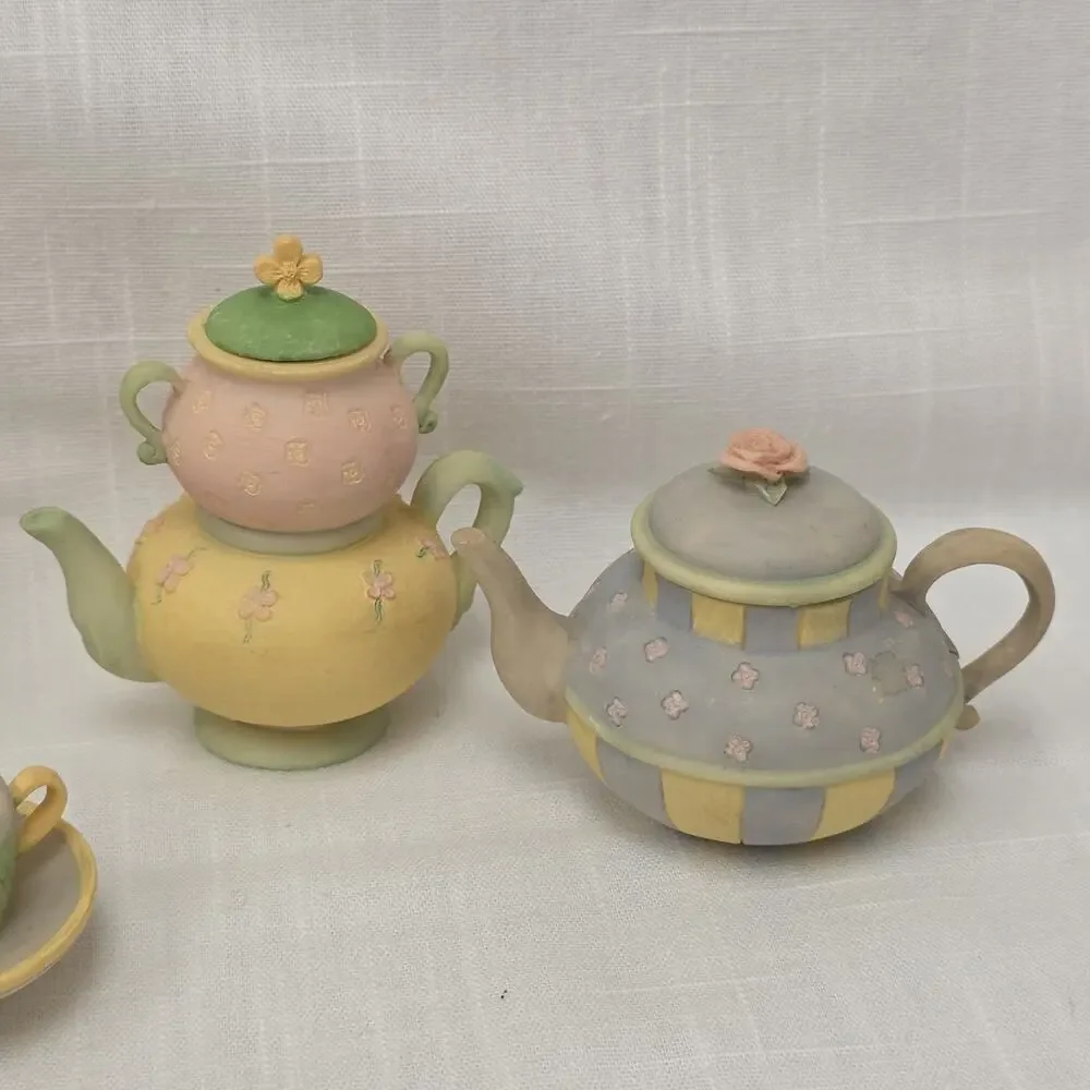 Russ Berrie Miniature Resin Teapot Tea Set Mixed Lot 8 Pc Dollhouse Fairy Garden